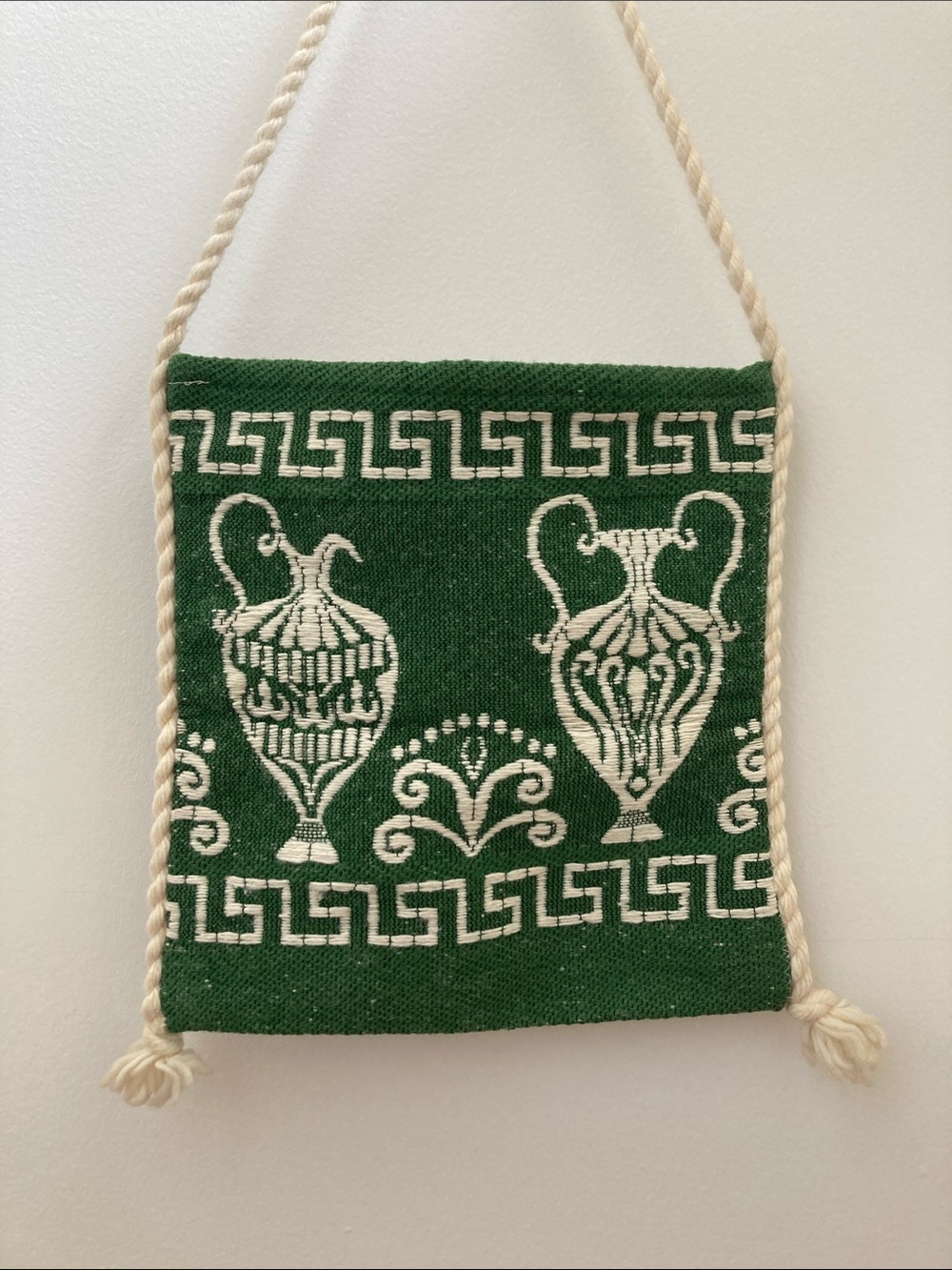 Green Woven Tapestry Bag with Greek Vase Motif